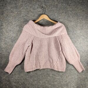 Express Off The Shoulder Y2K Crop Chunky Knit Sweater Dusty Rose Puff Sleeve S
